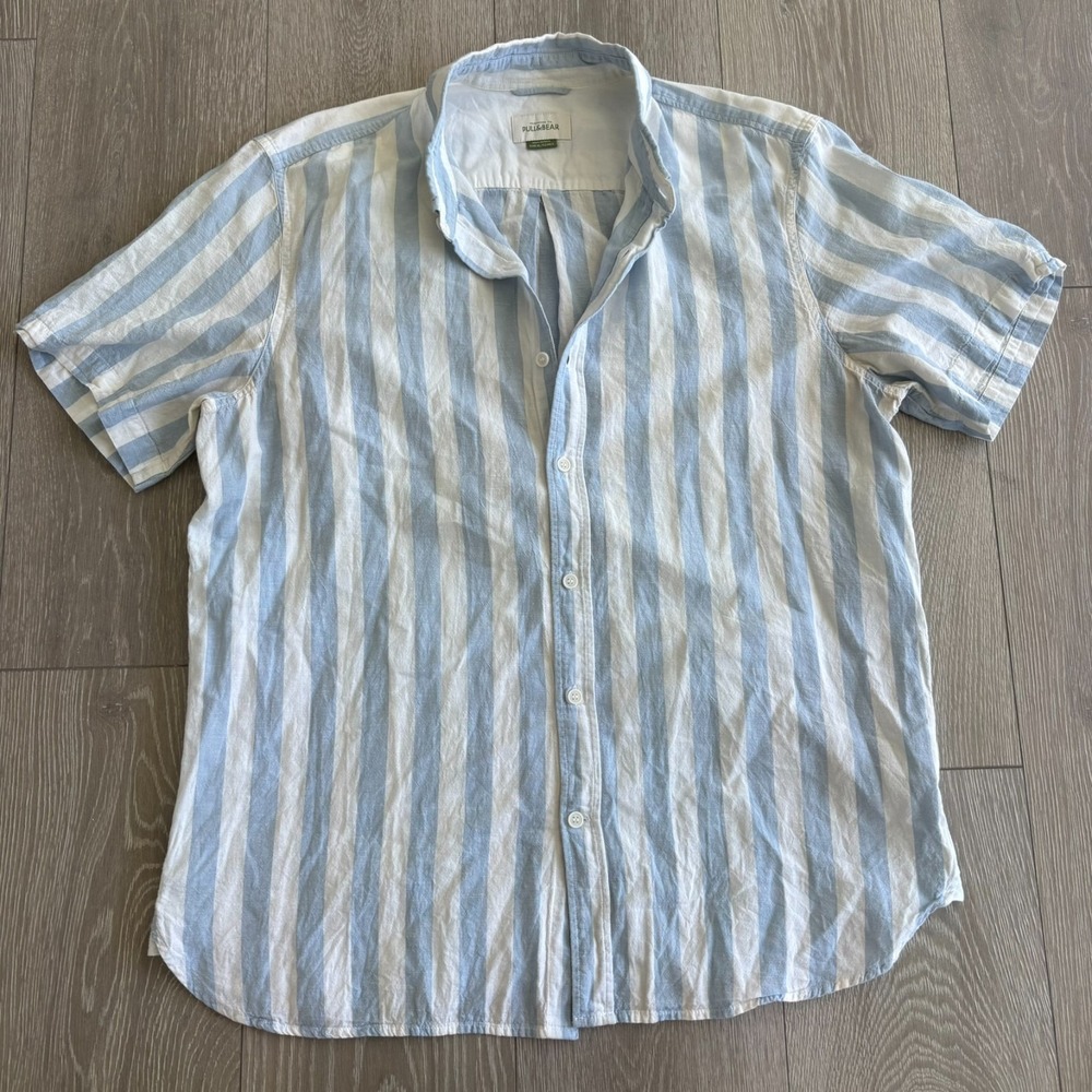 Pull&Bear Mens Light Blue White Short Sleeve Striped Button Up Shirt Size EU/XL